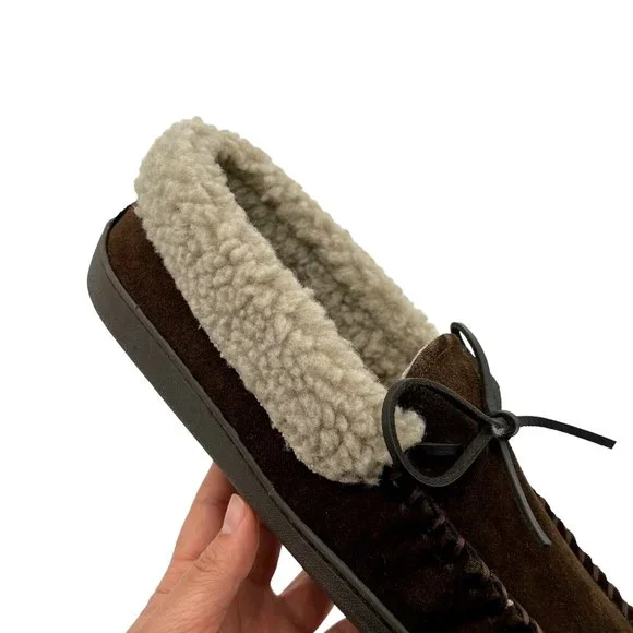 Minnetonka Mens Moccasin Slippers Size 10 Chocolate Suede Upper Faux Fur Lining - Picture 10 of 16